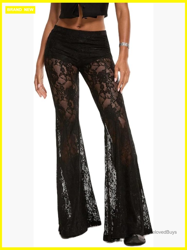 Women Lace Bell Bottom Leggings Sexy See Through Mesh Pants Flare Trousers
